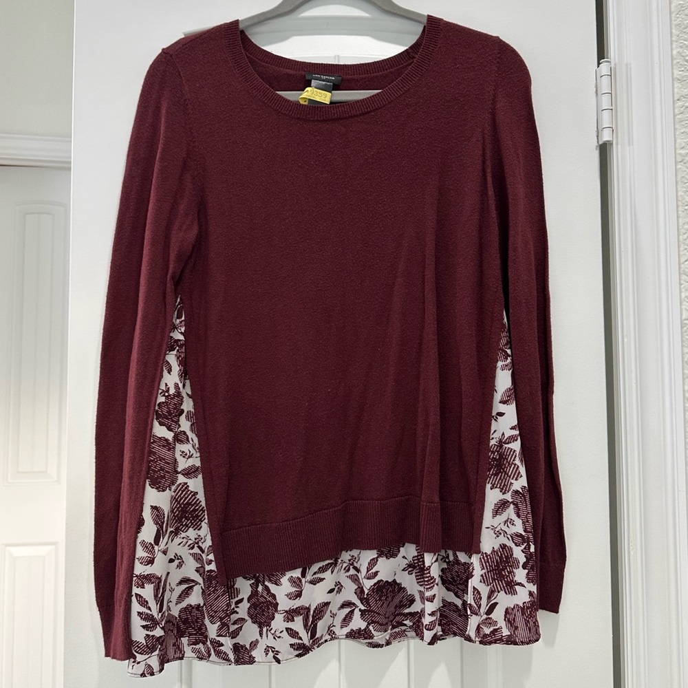 Ann Taylor Burgundy Layered Sweater with Floral Accents